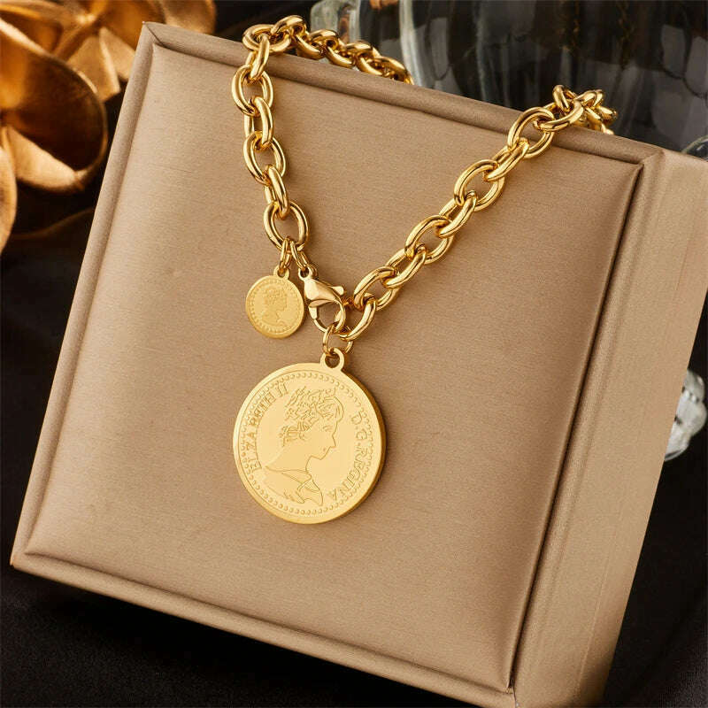 KIMLUD, DIEYURO 316L Stainless Steel Gold Color Hip Hop Round Portrait Coin Necklace For Women Men Fashion Trend Girl Jewelry Gift Joyas, N1763, KIMLUD APPAREL - Womens Clothes