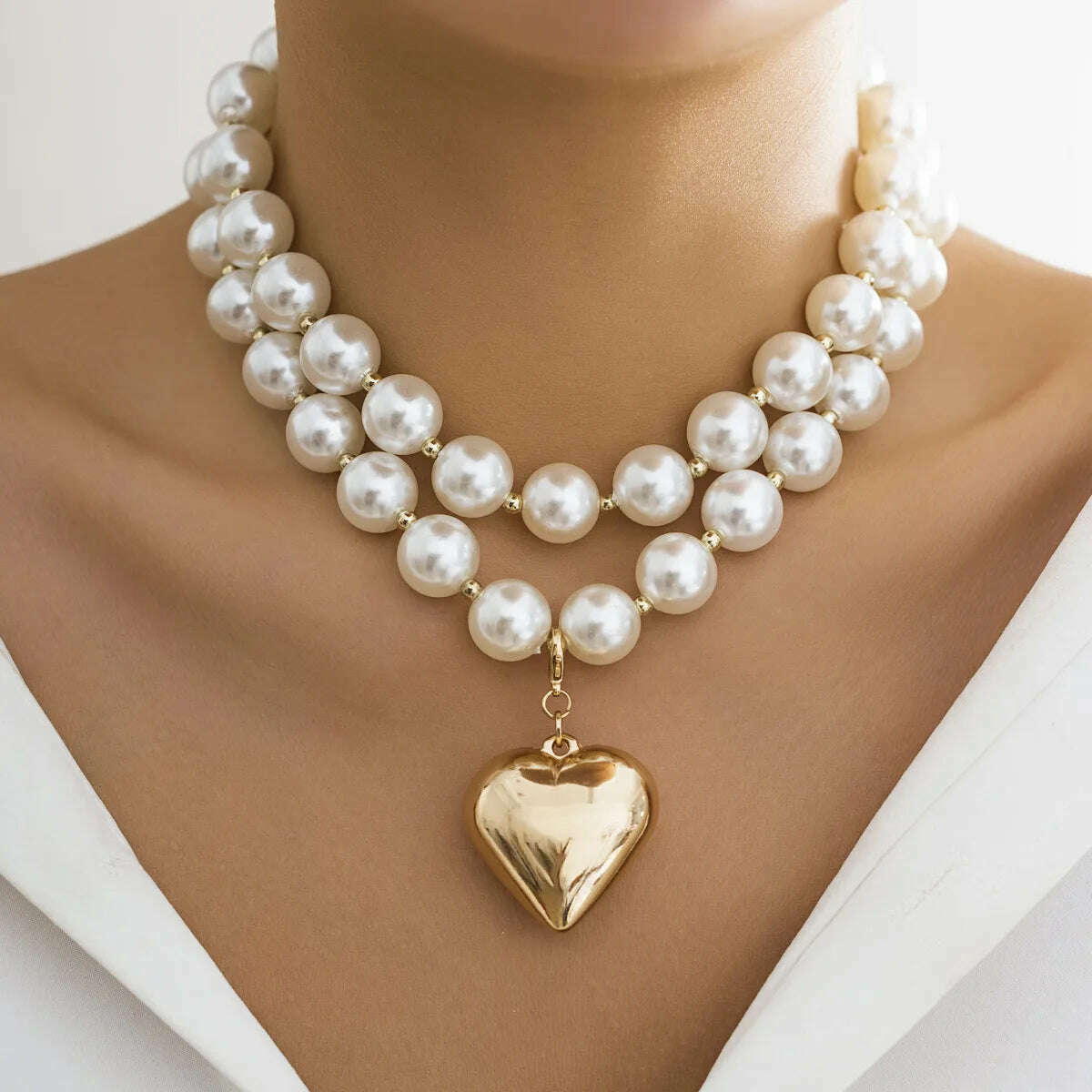 KIMLUD, DIEZI Exaggerated CCB Heart Pendant Necklace Women Party Vintage Punk Fashion Pearl Beads Choker Statement Collar Neck Jewelry, gold 4546, KIMLUD APPAREL - Womens Clothes