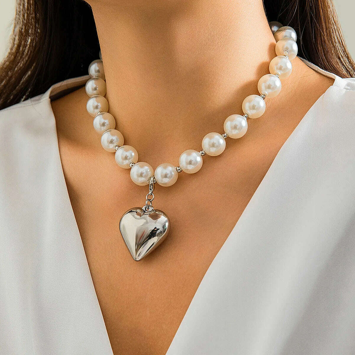 KIMLUD, DIEZI Exaggerated CCB Heart Pendant Necklace Women Party Vintage Punk Fashion Pearl Beads Choker Statement Collar Neck Jewelry, silver 6215, KIMLUD APPAREL - Womens Clothes