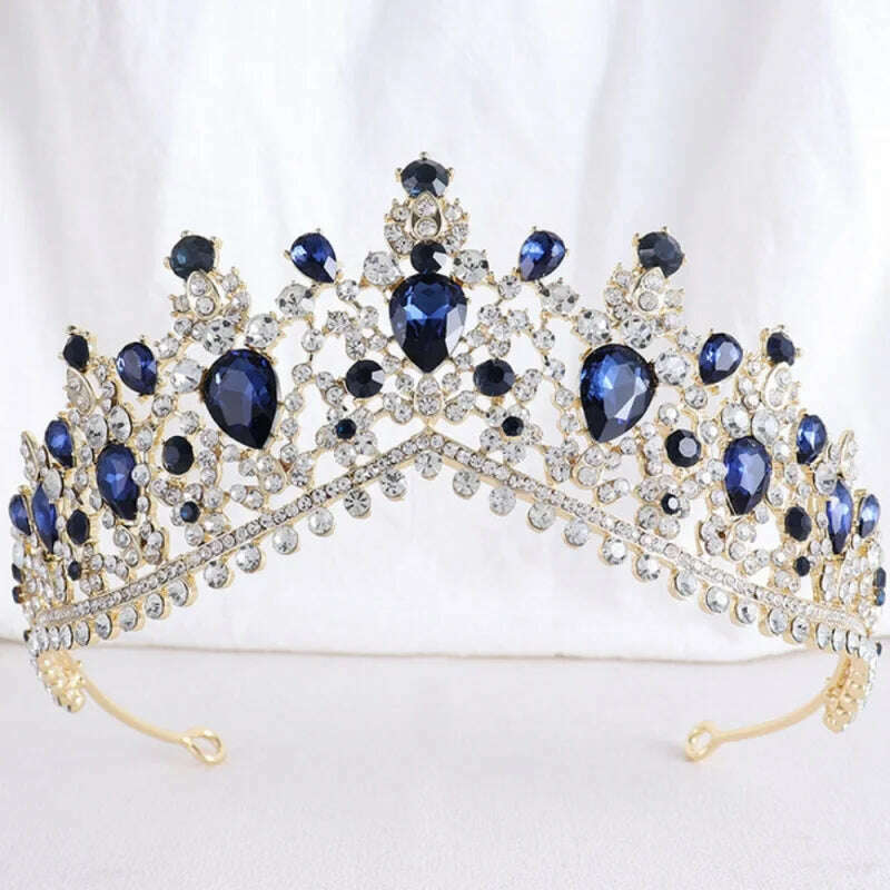 KIMLUD, DIEZI Vintage Baroque Dark Blue Crystal Crown Bridal Hair Accessories Elegant Queen Tiaras Diadem Girls Wedding Dress Headbands, dark blue gold, KIMLUD APPAREL - Womens Clothes