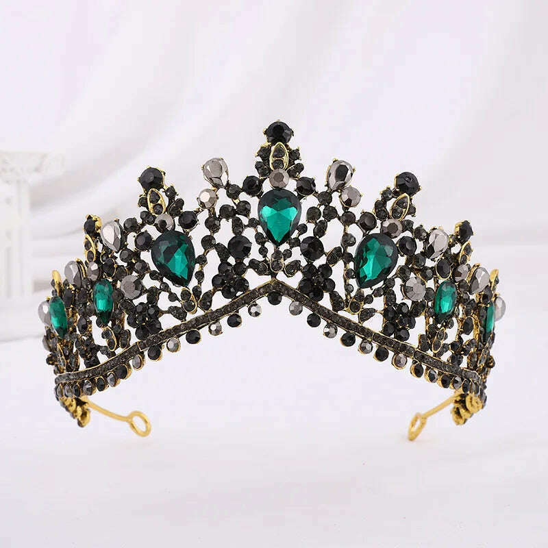 KIMLUD, DIEZI Vintage Baroque Dark Blue Crystal Crown Bridal Hair Accessories Elegant Queen Tiaras Diadem Girls Wedding Dress Headbands, black green, KIMLUD APPAREL - Womens Clothes