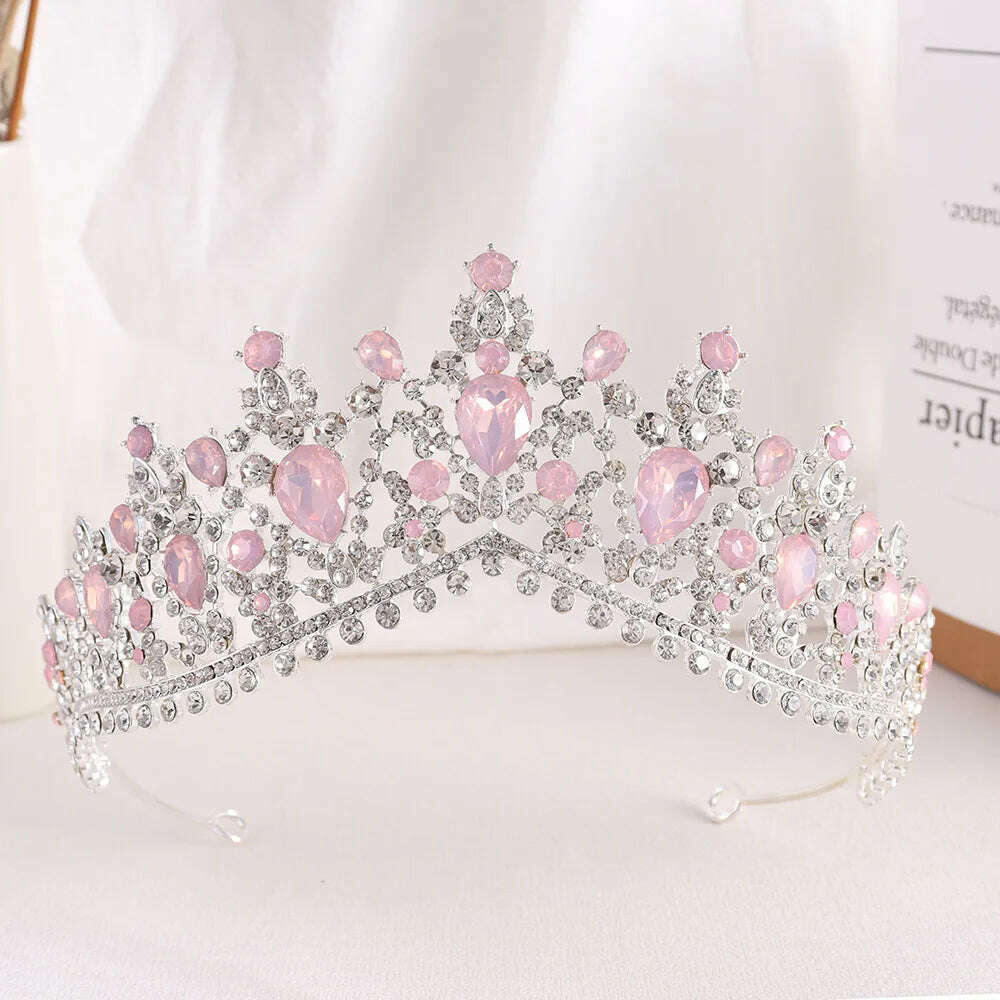 KIMLUD, DIEZI Vintage Baroque Dark Blue Crystal Crown Bridal Hair Accessories Elegant Queen Tiaras Diadem Girls Wedding Dress Headbands, pink silver opal, KIMLUD APPAREL - Womens Clothes