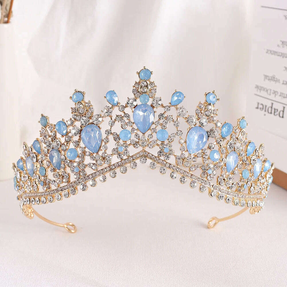 KIMLUD, DIEZI Vintage Baroque Dark Blue Crystal Crown Bridal Hair Accessories Elegant Queen Tiaras Diadem Girls Wedding Dress Headbands, blue gold opal, KIMLUD APPAREL - Womens Clothes