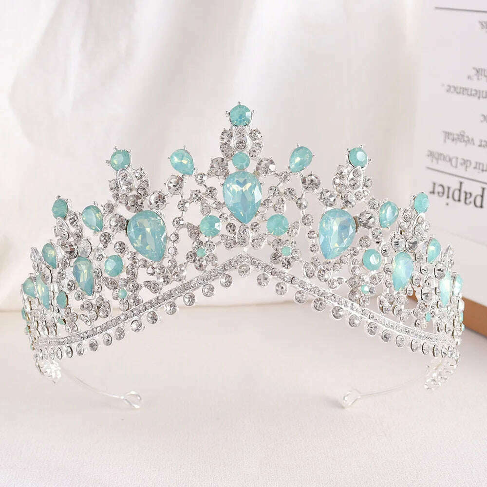 KIMLUD, DIEZI Vintage Baroque Dark Blue Crystal Crown Bridal Hair Accessories Elegant Queen Tiaras Diadem Girls Wedding Dress Headbands, green silver opal, KIMLUD APPAREL - Womens Clothes
