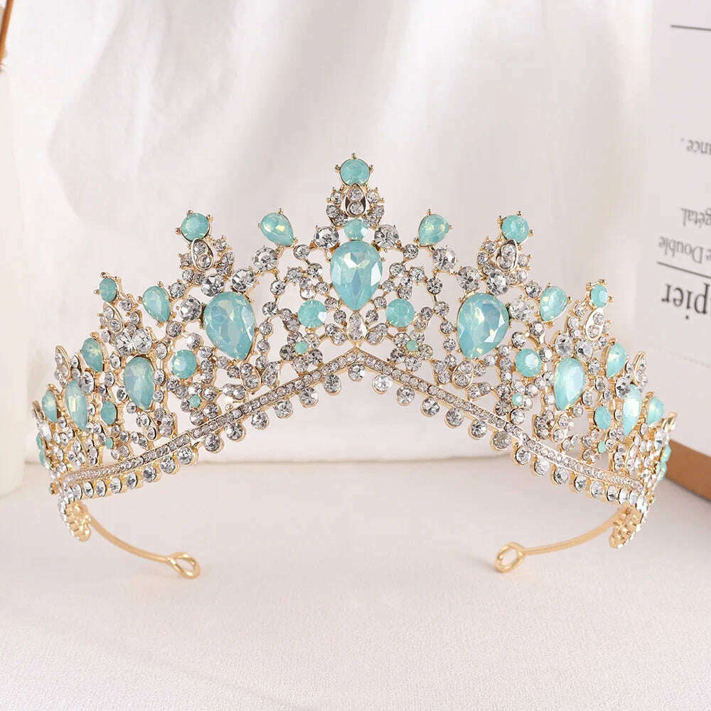 KIMLUD, DIEZI Vintage Baroque Dark Blue Crystal Crown Bridal Hair Accessories Elegant Queen Tiaras Diadem Girls Wedding Dress Headbands, green gold opal, KIMLUD APPAREL - Womens Clothes