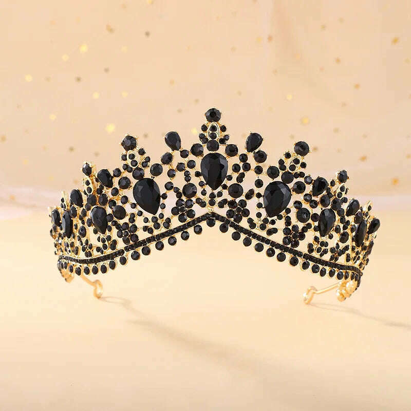 KIMLUD, DIEZI Vintage Baroque Dark Blue Crystal Crown Bridal Hair Accessories Elegant Queen Tiaras Diadem Girls Wedding Dress Headbands, gold black, KIMLUD APPAREL - Womens Clothes
