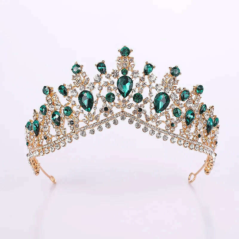 KIMLUD, DIEZI Vintage Baroque Dark Blue Crystal Crown Bridal Hair Accessories Elegant Queen Tiaras Diadem Girls Wedding Dress Headbands, green gold, KIMLUD APPAREL - Womens Clothes