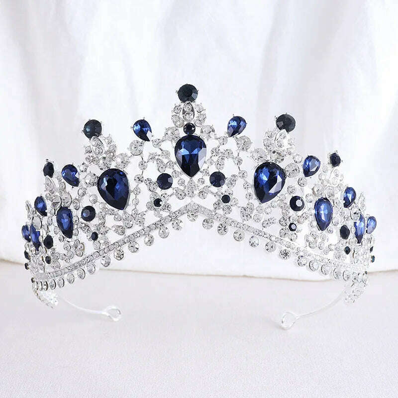 KIMLUD, DIEZI Vintage Baroque Dark Blue Crystal Crown Bridal Hair Accessories Elegant Queen Tiaras Diadem Girls Wedding Dress Headbands, dark blue silver, KIMLUD APPAREL - Womens Clothes