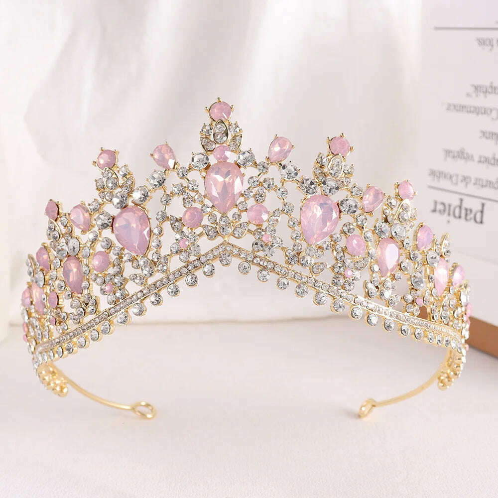 KIMLUD, DIEZI Vintage Baroque Dark Blue Crystal Crown Bridal Hair Accessories Elegant Queen Tiaras Diadem Girls Wedding Dress Headbands, pink gold opal, KIMLUD APPAREL - Womens Clothes