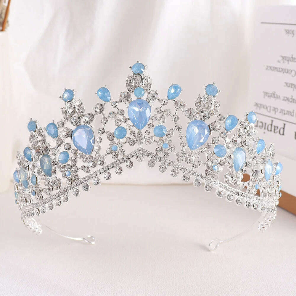 KIMLUD, DIEZI Vintage Baroque Dark Blue Crystal Crown Bridal Hair Accessories Elegant Queen Tiaras Diadem Girls Wedding Dress Headbands, blue silver opal, KIMLUD APPAREL - Womens Clothes