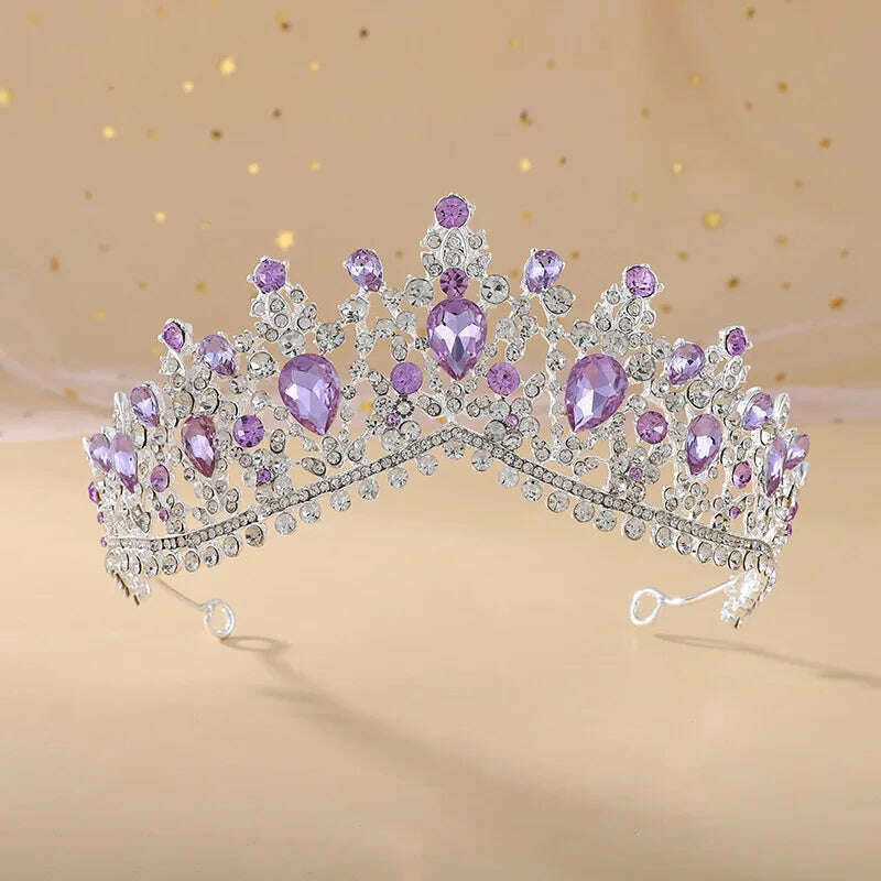 KIMLUD, DIEZI Vintage Baroque Dark Blue Crystal Crown Bridal Hair Accessories Elegant Queen Tiaras Diadem Girls Wedding Dress Headbands, silver purple, KIMLUD APPAREL - Womens Clothes