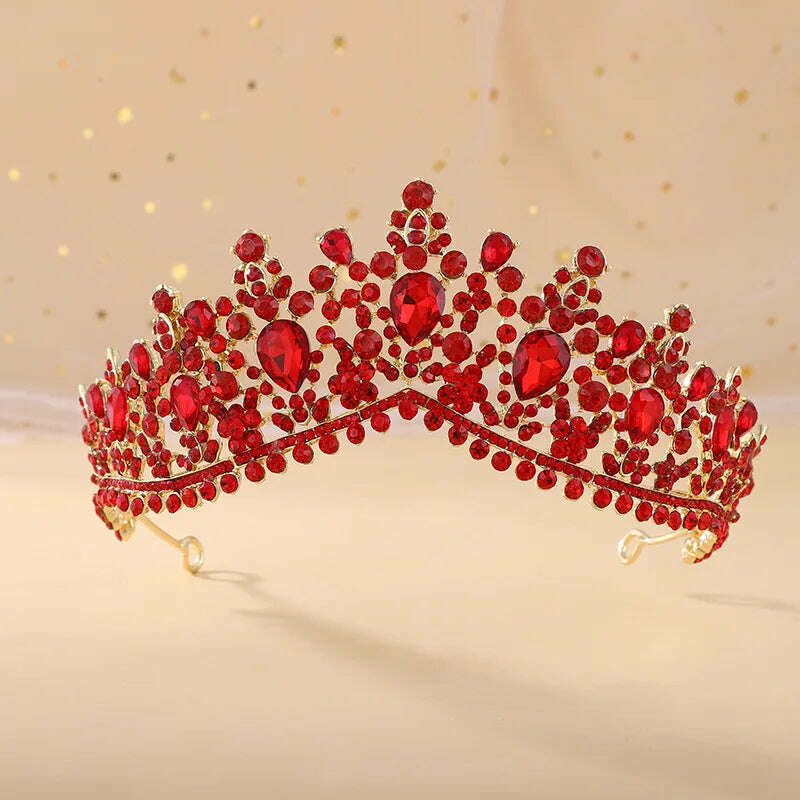 KIMLUD, DIEZI Vintage Baroque Dark Blue Crystal Crown Bridal Hair Accessories Elegant Queen Tiaras Diadem Girls Wedding Dress Headbands, full red, KIMLUD APPAREL - Womens Clothes