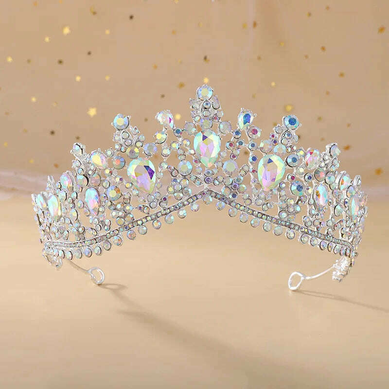 KIMLUD, DIEZI Vintage Baroque Dark Blue Crystal Crown Bridal Hair Accessories Elegant Queen Tiaras Diadem Girls Wedding Dress Headbands, silver AB, KIMLUD APPAREL - Womens Clothes