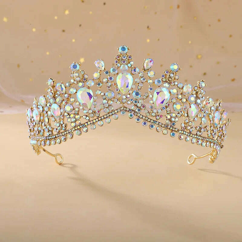 KIMLUD, DIEZI Vintage Baroque Dark Blue Crystal Crown Bridal Hair Accessories Elegant Queen Tiaras Diadem Girls Wedding Dress Headbands, gold AB, KIMLUD APPAREL - Womens Clothes