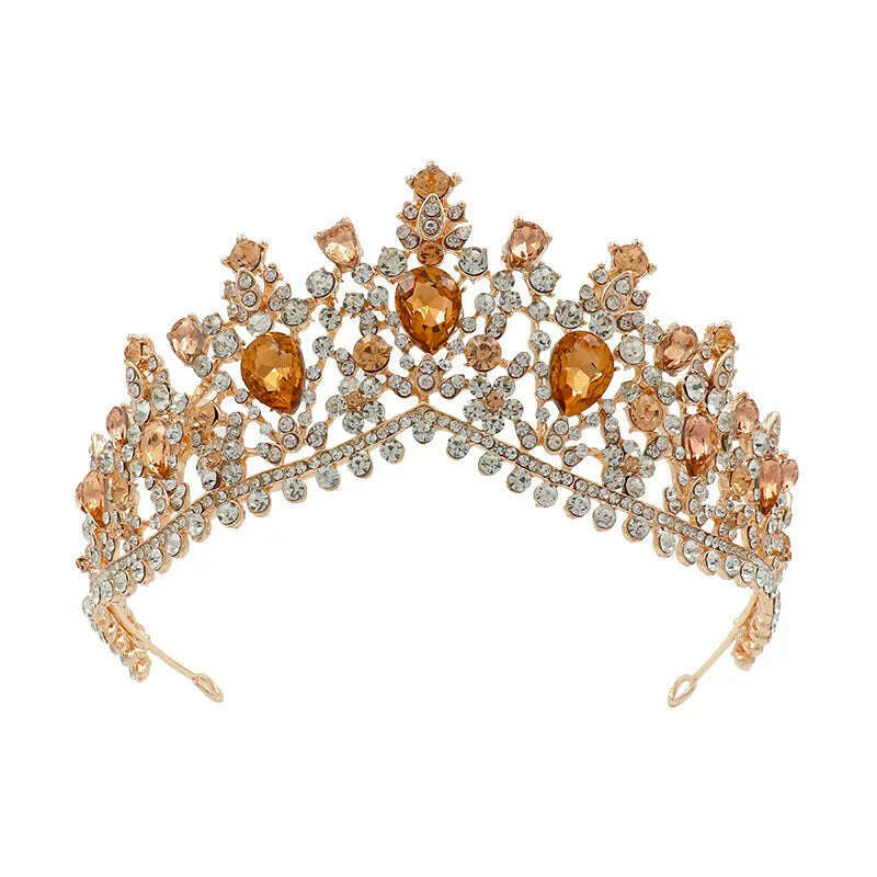 KIMLUD, DIEZI Vintage Baroque Dark Blue Crystal Crown Bridal Hair Accessories Elegant Queen Tiaras Diadem Girls Wedding Dress Headbands, Rose Gold Peach, KIMLUD APPAREL - Womens Clothes