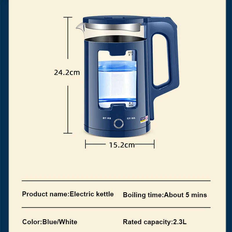 KIMLUD, DMWD 2.2L Electric Kettle Quick Heating Hot Water Boiling Teapot Glass Blue Light Heater Pot Boiler Auto-Power Off Cooker 220V, KIMLUD Womens Clothes