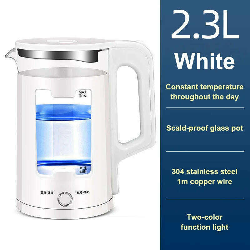 KIMLUD, DMWD 2.2L Electric Kettle Quick Heating Hot Water Boiling Teapot Glass Blue Light Heater Pot Boiler Auto-Power Off Cooker 220V, WHITE, KIMLUD APPAREL - Womens Clothes