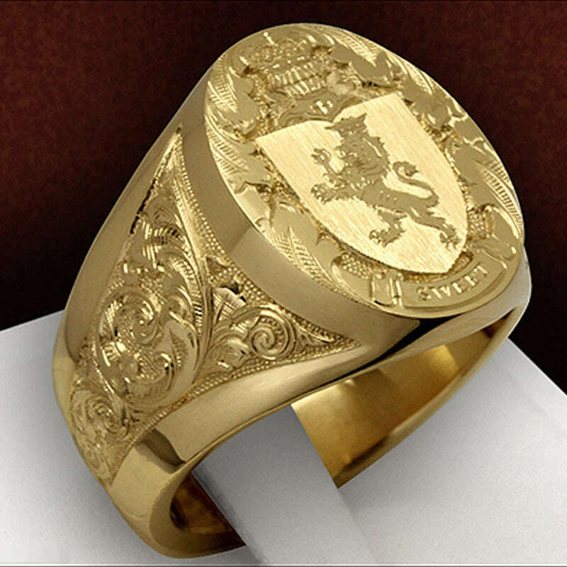 KIMLUD, Domineering Crown Lion seal Vintage Gold Color Rings for Men Fashion Wedding Jewelry Gift Accessoires Chunky Rings, KIMLUD Womens Clothes