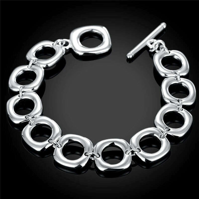 KIMLUD, DOTEFFIL 925 Sterling Silver Square Round Circle Chain Bracelet For Woman Men Charm Wedding Engagement Fashion Party Jewelry, KIMLUD Womens Clothes