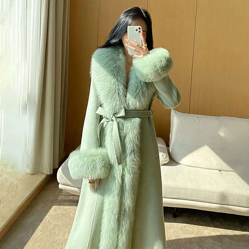 KIMLUD, Double-faced Woolen Coat Women Oversized Fox Fur Collar Fashion Warm Overcoat Belt Slim Long Jacket Fall Winter Female Clothing, Green / S / CHINA, KIMLUD APPAREL - Womens Clothes