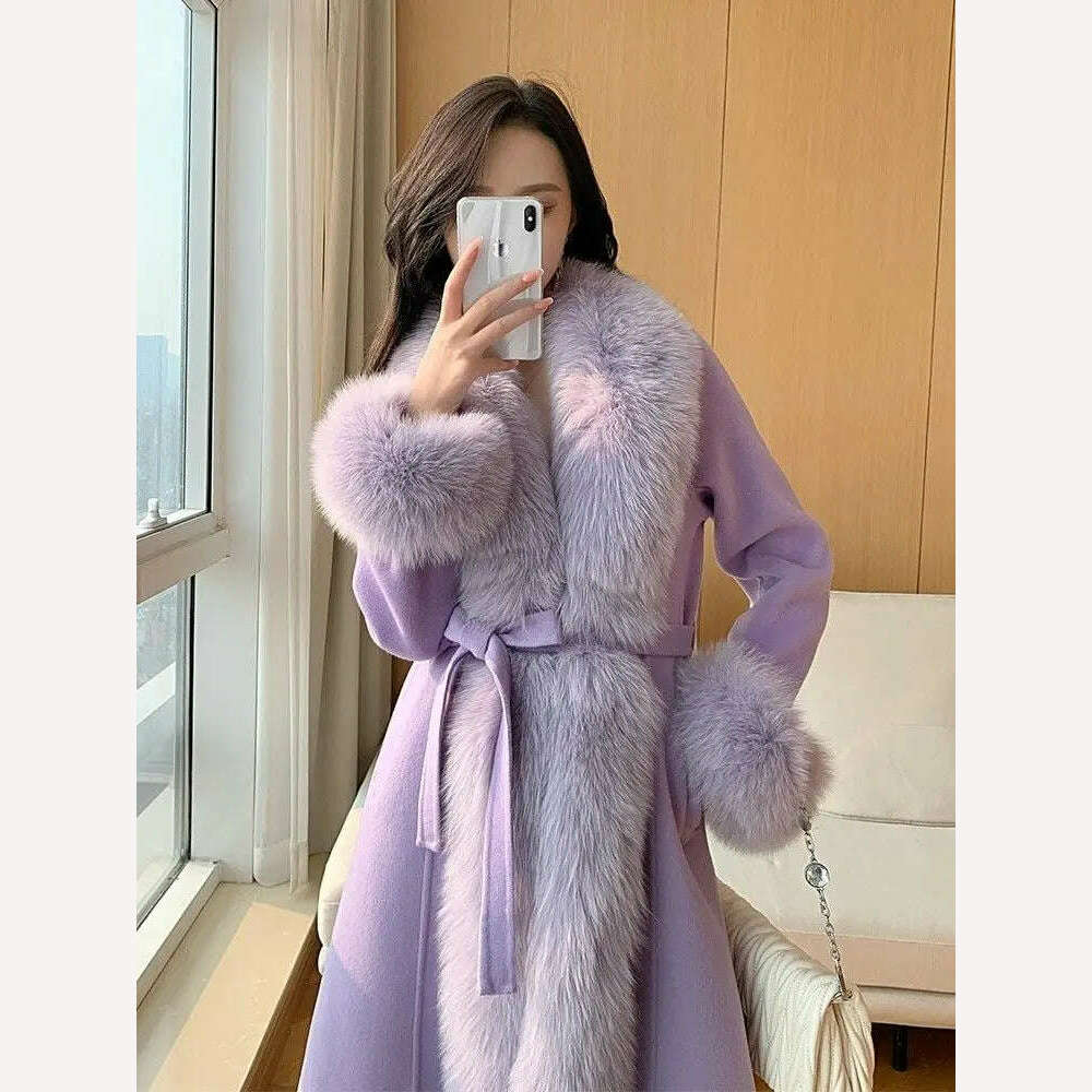 KIMLUD, Double-faced Woolen Coat Women Oversized Fox Fur Collar Fashion Warm Overcoat Belt Slim Long Jacket Fall Winter Female Clothing, KIMLUD Womens Clothes