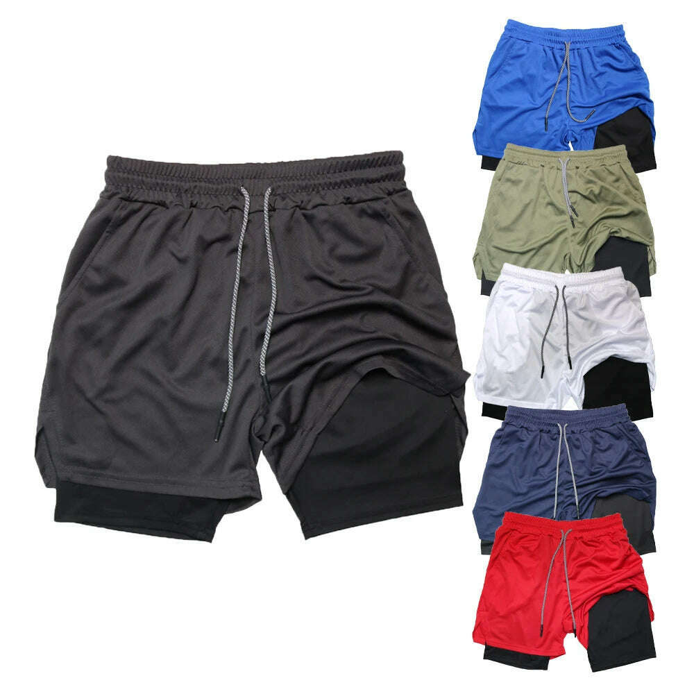 Double Layer Quick Dry Fitness Training Shorts for Men 2-in-1 Sports Jogging Gym Workout Summer Casual Shorts - KIMLUD