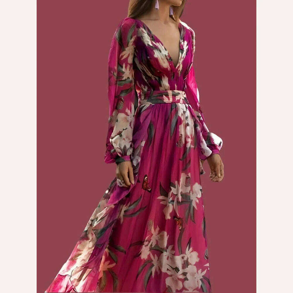 KIMLUD, Drauuing Flower Print Maxi Dresses Women Party Dress Elegant Lantern Sleeve Long Dress Female Autumn New, PURPLE / M, KIMLUD APPAREL - Womens Clothes