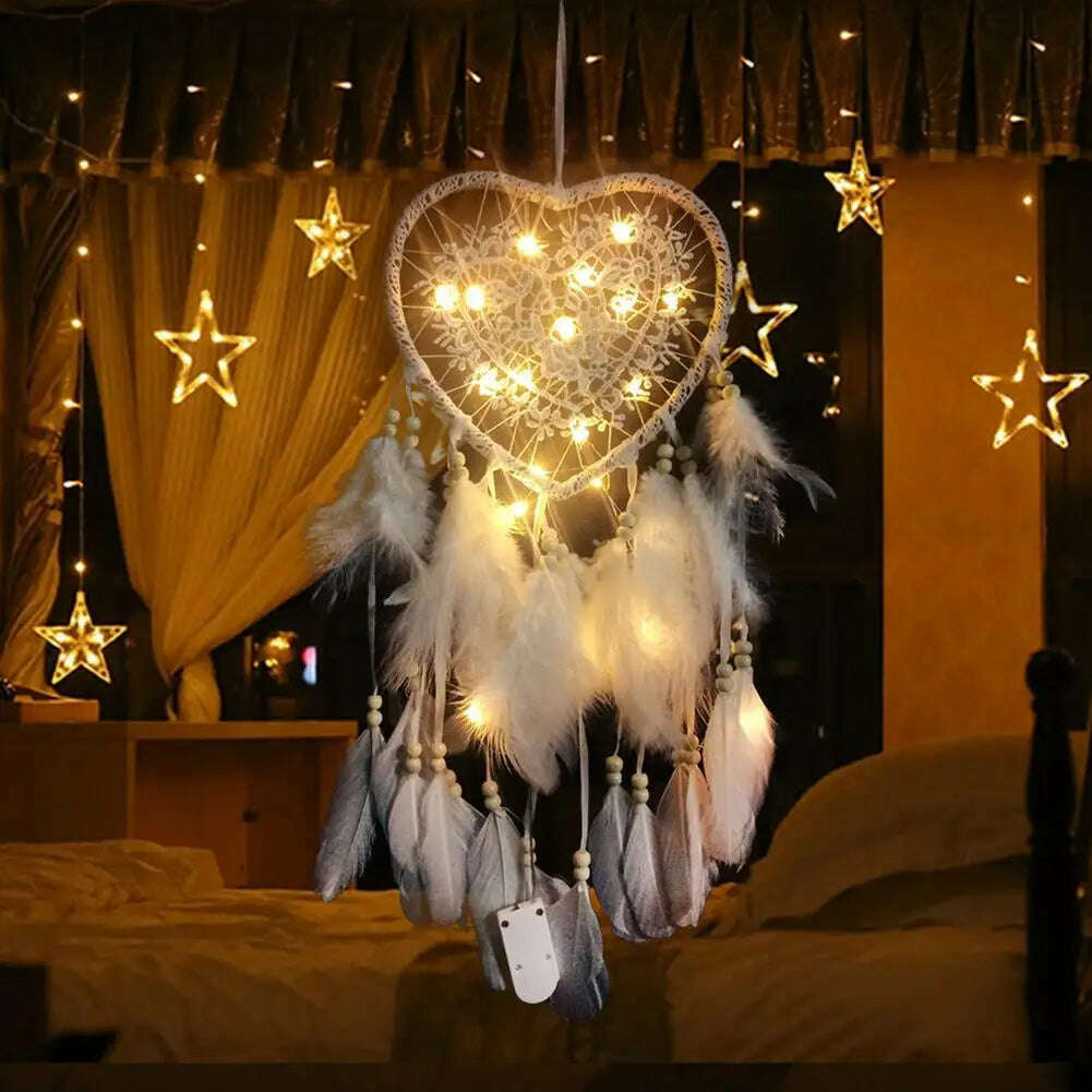 Dream Catcher With LED String Hollow Hoop Heart Shape Pendant Feathers Handmade Night Light Wall Hanging Home Decor Gift - KIMLUD