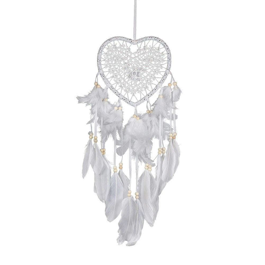 KIMLUD, Dream Catcher With LED String Hollow Hoop Heart Shape Pendant Feathers Handmade Night Light Wall Hanging Home Decor Gift, White No LED, KIMLUD APPAREL - Womens Clothes