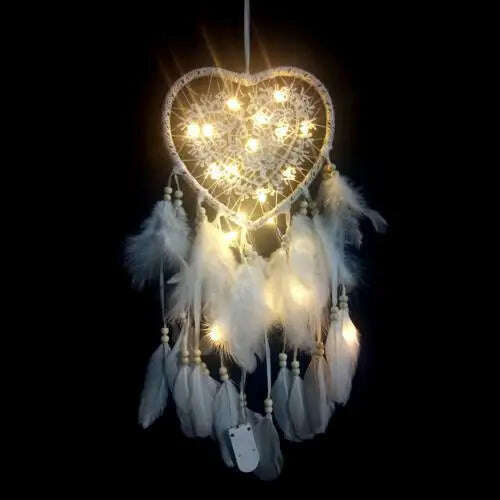 KIMLUD, Dream Catcher With LED String Hollow Hoop Heart Shape Pendant Feathers Handmade Night Light Wall Hanging Home Decor Gift, White with LED, KIMLUD APPAREL - Womens Clothes