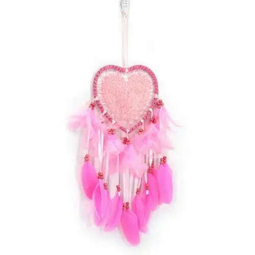 KIMLUD, Dream Catcher With LED String Hollow Hoop Heart Shape Pendant Feathers Handmade Night Light Wall Hanging Home Decor Gift, Pink No LED, KIMLUD APPAREL - Womens Clothes