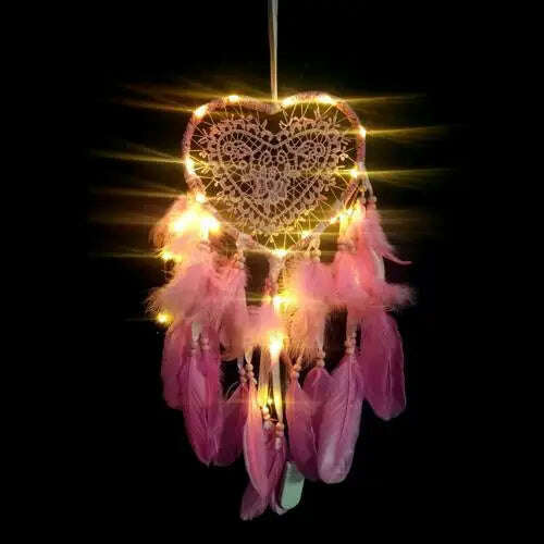 KIMLUD, Dream Catcher With LED String Hollow Hoop Heart Shape Pendant Feathers Handmade Night Light Wall Hanging Home Decor Gift, Pink with LED, KIMLUD APPAREL - Womens Clothes