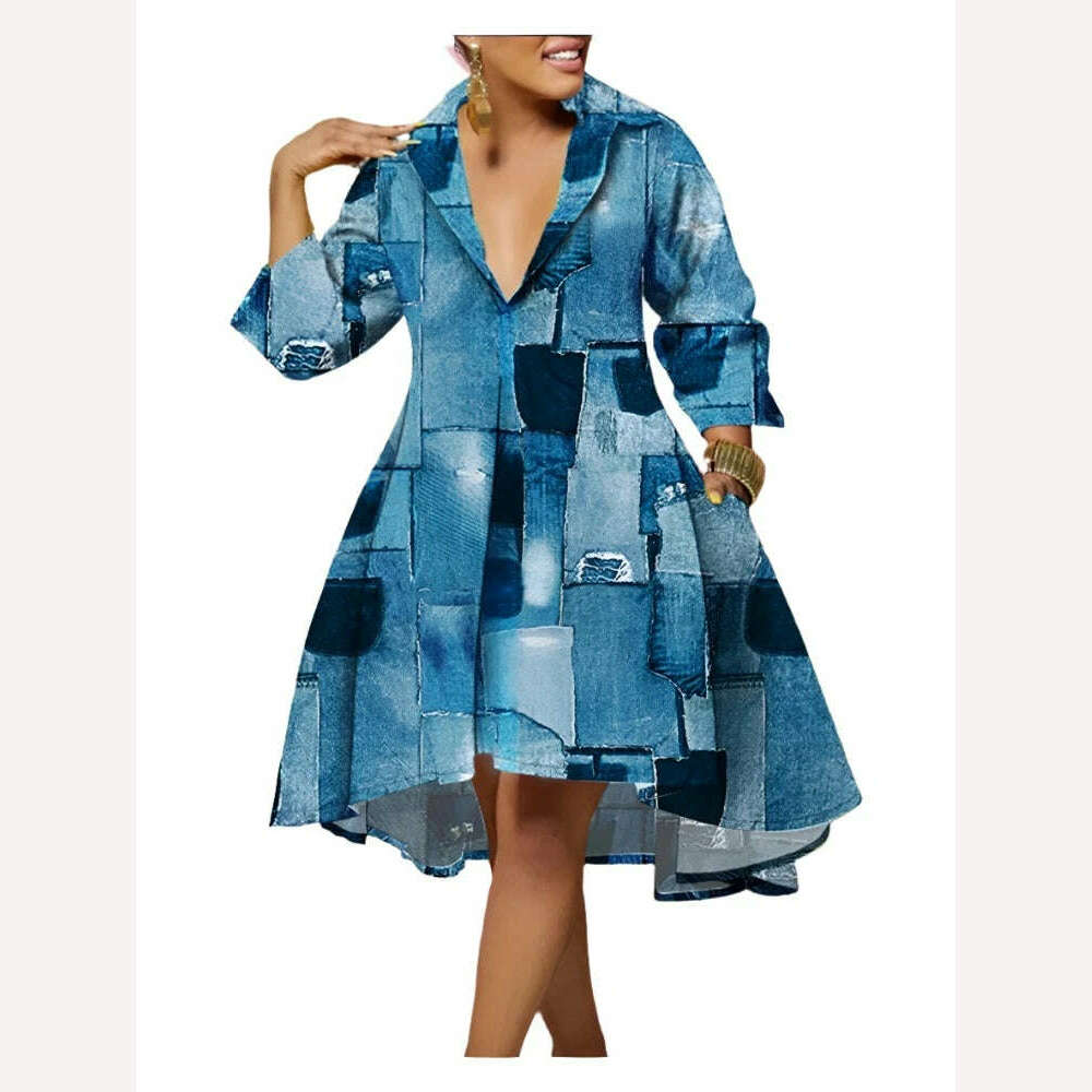 KIMLUD, Dress for Women 2023 NEW Casual Plus Size Abstract Print Flowy Shirt Dress Vestidos De Mujer Elegant Boho Mini Robe Female, LPU4534D / L, KIMLUD APPAREL - Womens Clothes