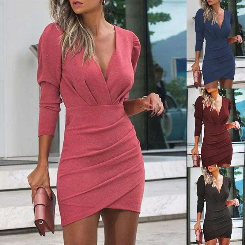 Dress Women Summer Solid Color v-neck Long Sleeve Folds Fashionable Dresses Casual Vestidos Dropshipping Sale SZLZLG2150 - KIMLUD