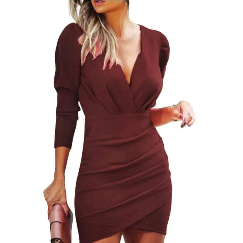 KIMLUD, Dress Women Summer Solid Color v-neck Long Sleeve Folds Fashionable Dresses Casual Vestidos Dropshipping Sale SZLZLG2150, Wine red / 2XL, KIMLUD APPAREL - Womens Clothes