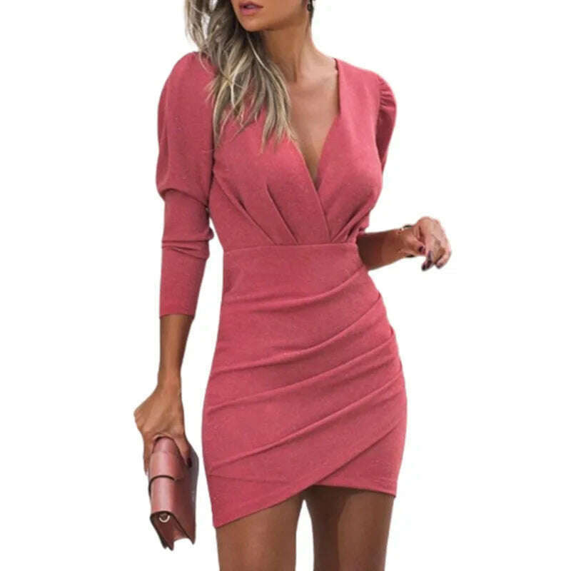 KIMLUD, Dress Women Summer Solid Color v-neck Long Sleeve Folds Fashionable Dresses Casual Vestidos Dropshipping Sale SZLZLG2150, pink / M, KIMLUD APPAREL - Womens Clothes