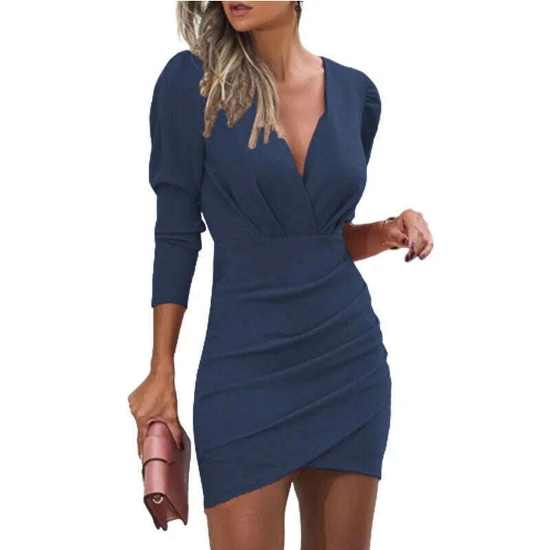 KIMLUD, Dress Women Summer Solid Color v-neck Long Sleeve Folds Fashionable Dresses Casual Vestidos Dropshipping Sale SZLZLG2150, Navy blue / S, KIMLUD APPAREL - Womens Clothes