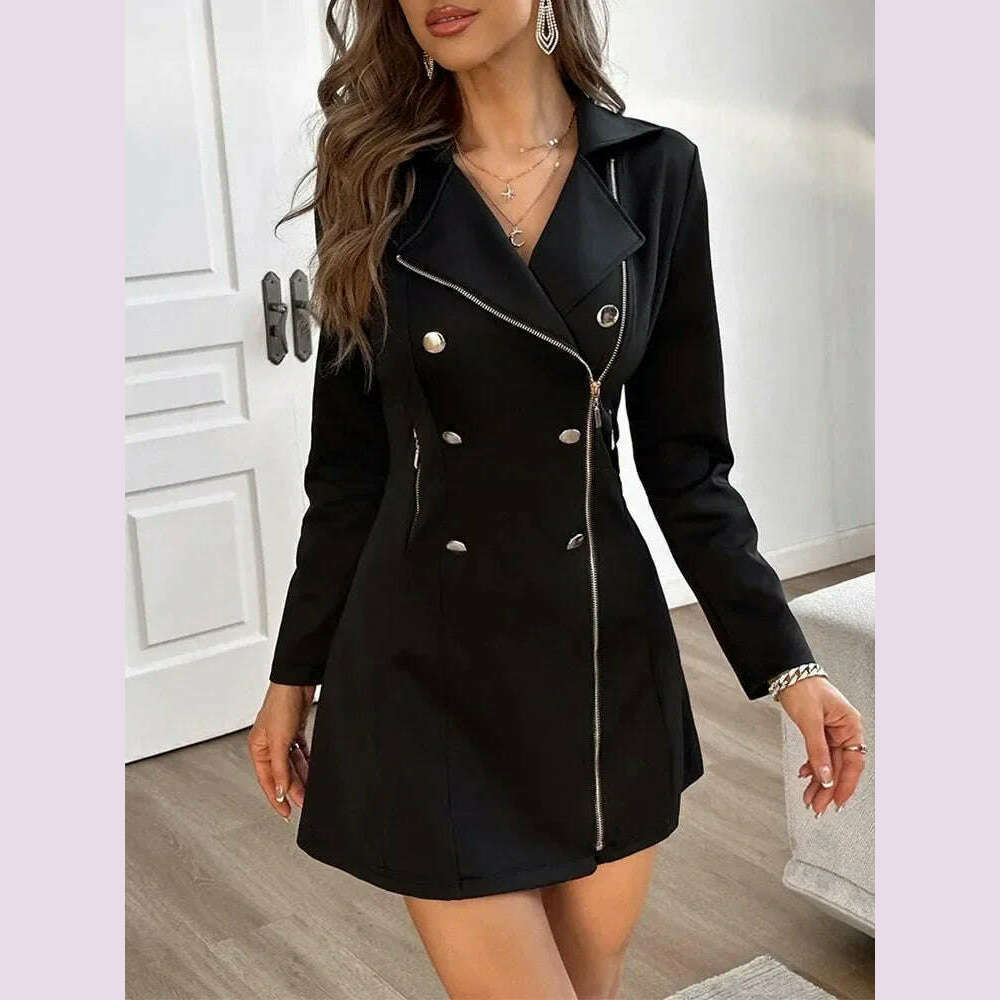 Dresses For Women Buttoned Zipper Pocket Design Notched Collar Blazer Dress Vestidos De Mujer Casual Elegant Mini Robe Female - KIMLUD