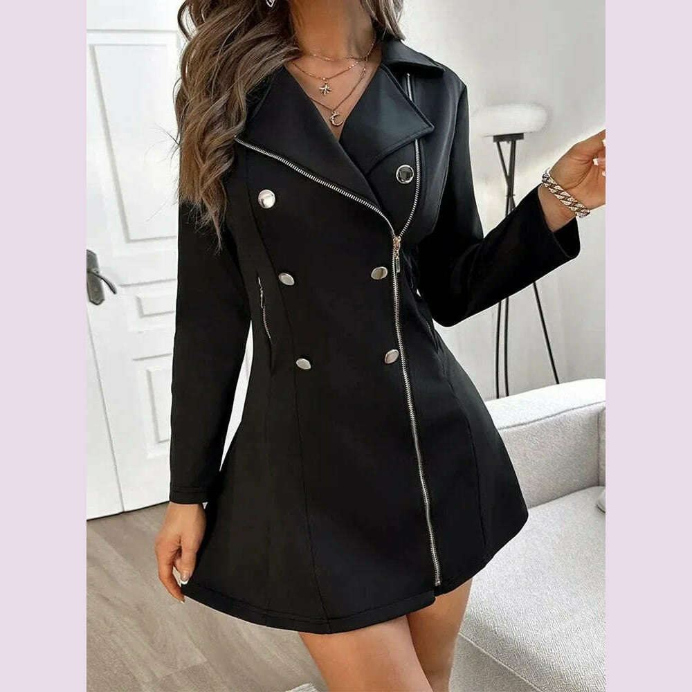 Dresses For Women Buttoned Zipper Pocket Design Notched Collar Blazer Dress Vestidos De Mujer Casual Elegant Mini Robe Female - KIMLUD