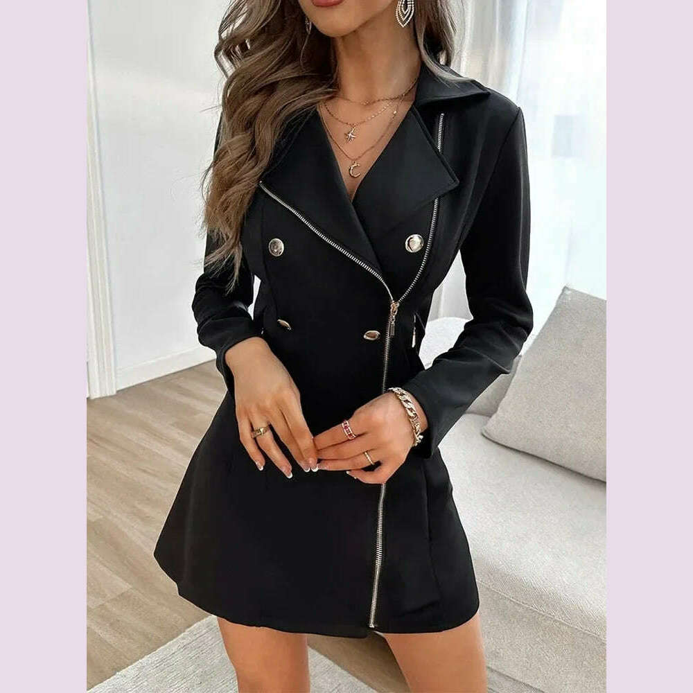 Dresses For Women Buttoned Zipper Pocket Design Notched Collar Blazer Dress Vestidos De Mujer Casual Elegant Mini Robe Female - KIMLUD