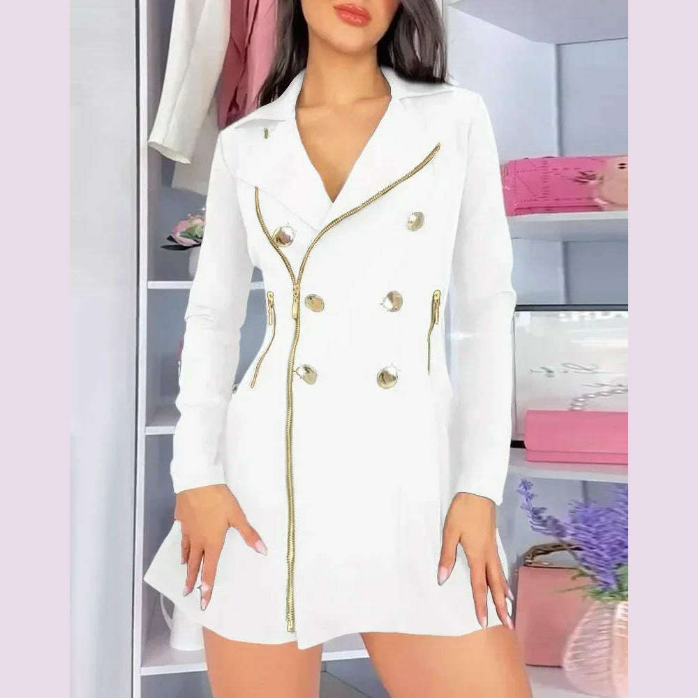 Dresses For Women Buttoned Zipper Pocket Design Notched Collar Blazer Dress Vestidos De Mujer Casual Elegant Mini Robe Female - KIMLUD