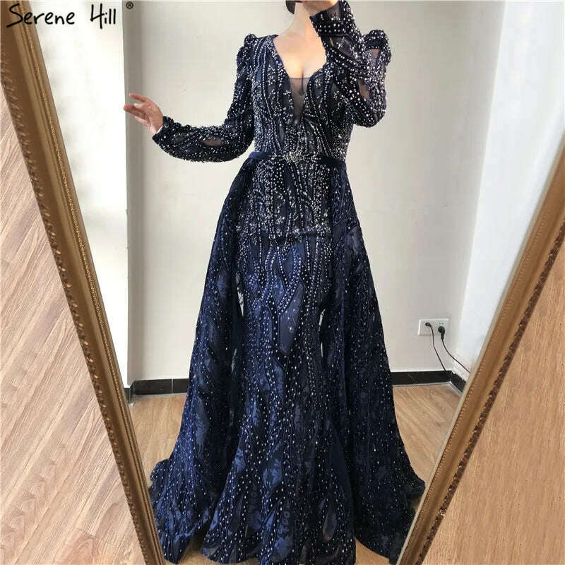 KIMLUD, Dubai Blue Deep-V Crystal Sexy Prom Dresses 2024 Long Sleeves Luxury Mermaid Prom Gowns Serene Hill Plus Size LA70223, KIMLUD Womens Clothes