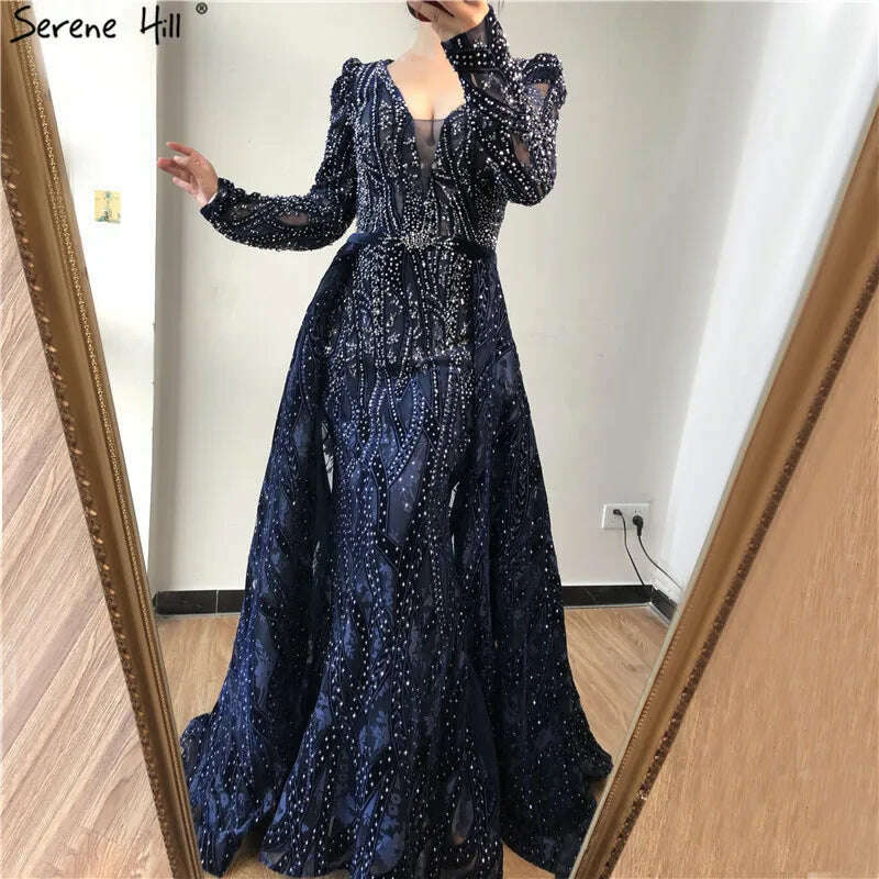 KIMLUD, Dubai Blue Deep-V Crystal Sexy Prom Dresses 2024 Long Sleeves Luxury Mermaid Prom Gowns Serene Hill Plus Size LA70223, KIMLUD Womens Clothes