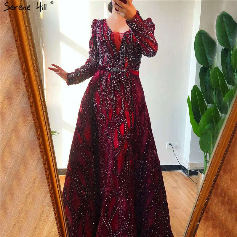 KIMLUD, Dubai Blue Deep-V Crystal Sexy Prom Dresses 2024 Long Sleeves Luxury Mermaid Prom Gowns Serene Hill Plus Size LA70223, KIMLUD Womens Clothes