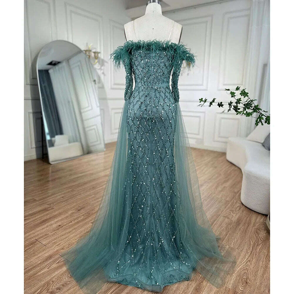 KIMLUD, Dubai turquoise Feathers Beaded Mermaid Elegant Strapless Evening Dresses Gown 2023 For Women Wedding Party BLA72169 Serene Hill, KIMLUD Womens Clothes