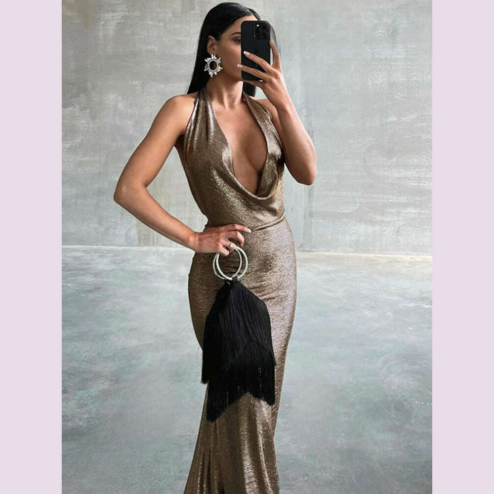 KIMLUD, Dulzura Bling Glitter Women Halter Maxi Dress V Neck Backless Long Dress Party Evening Birthday Clothes Elegant Prom Outfit, KIMLUD Womens Clothes