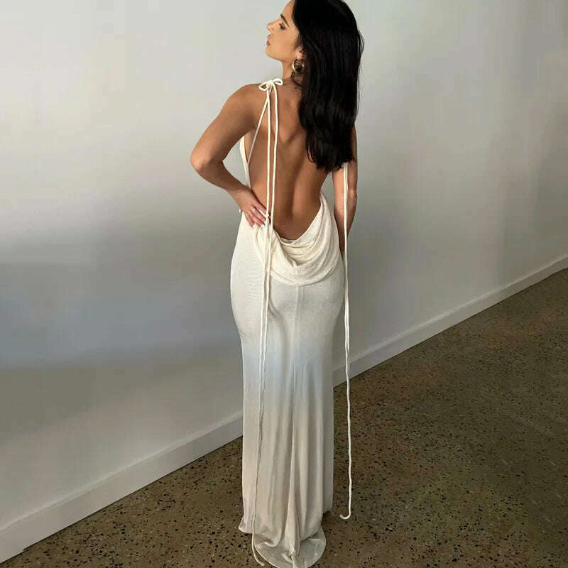 Dulzura Lace Up Backless Maxi Dress For Women Sexy Solid Long Dress 2023 Summer Party Club Evening Outfits Wholesale Items - KIMLUD