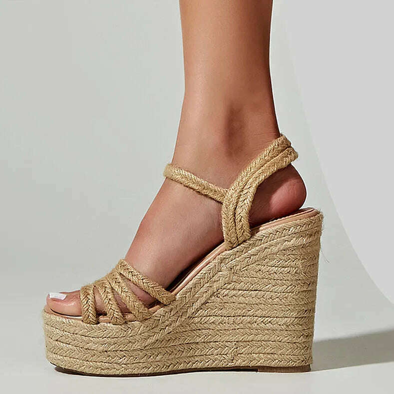 EAGSITY 2024 New design bohemian wedges platform peep toe sandals ankle strap high heel comfort casual shoes pumps rope sole - KIMLUD