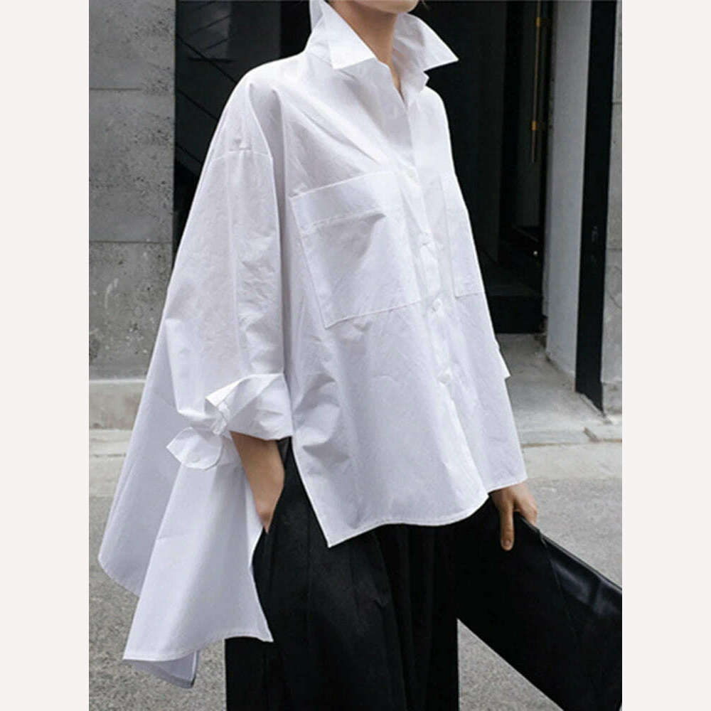 KIMLUD, EAM 2024 New Spring Autumn Lapel Long Sleeve White Back Long Loose Big Size Irregular Shirt Women Blouse Fashion Tide JU847, White / XL, KIMLUD APPAREL - Womens Clothes