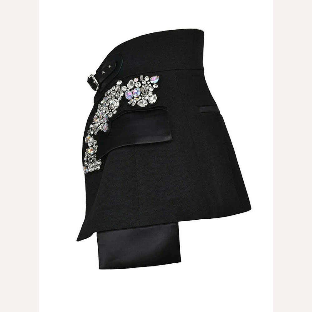 EAM Black Irregular Rhinestones Belted Mini Half-body Skirt High Waist Women Fashion Tide New Spring Autumn 2024 JY75801 - KIMLUD